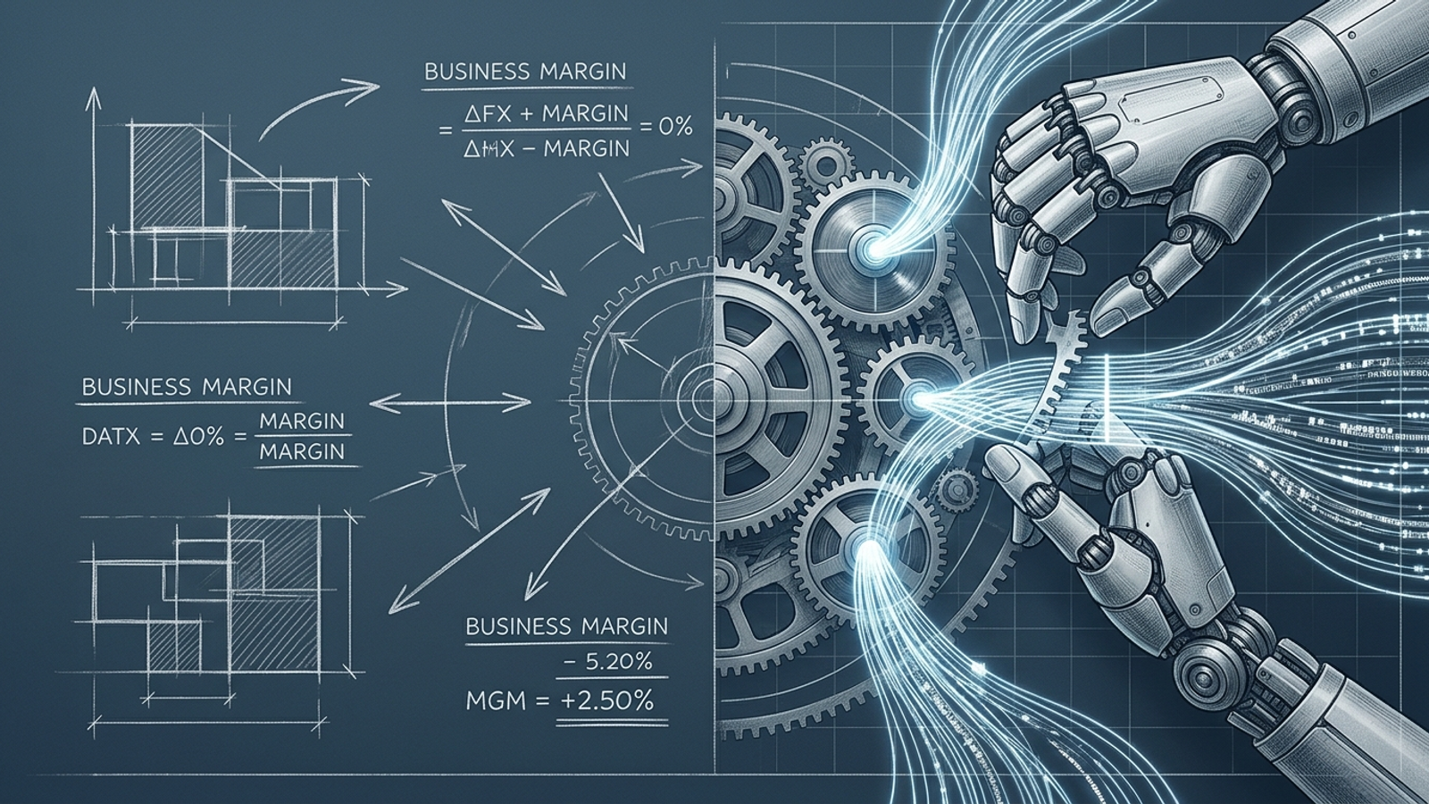 Business strategy icons sit beside a robotic arm sorting streams of data.